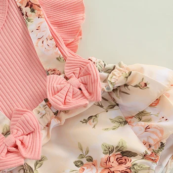 Infant Baby Girls Spring Summer Clothing Floral Print Ribbed Romper Ruffle Fly Sleeve Jumpsuit Headband Outfits 4