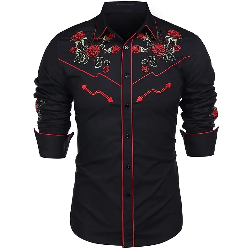 Men's Shirt Western Lined Rose Pattern Outdoor Street Long Sleeve Button Print Clothing Fashion Streetwear Design