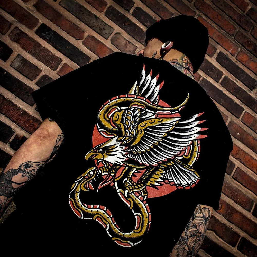 

American Street Retro Short-sleeved T-shirt Summer Chicano Tattoo Printing Casual Cotton Hiphop Round Neck Top Men's Clothing