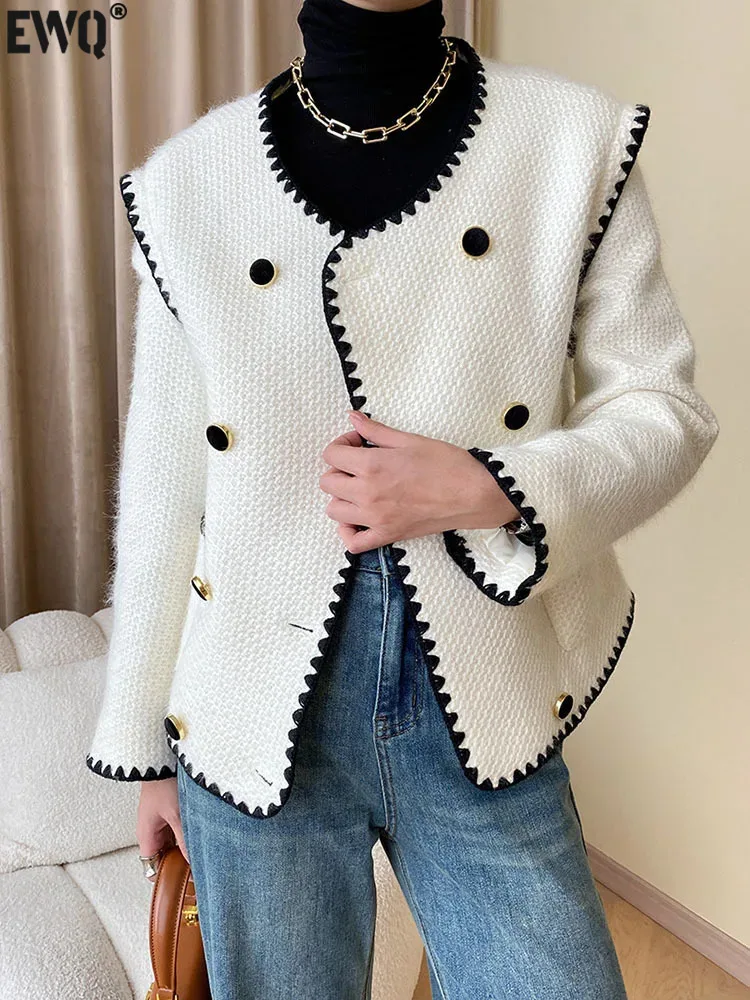 

[EWQ] Long Sleeve Double Breasted Contrast Color Patchwork Tweed Jacket Women Winter 2024 Spring Beautiful Clothing White Coats