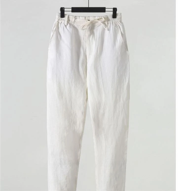 Solid Color Linen Pants Men's Loose Cotton Linen Casual 9 Points Pants Spring Summer Home Straight Soft Comfortable Trousers