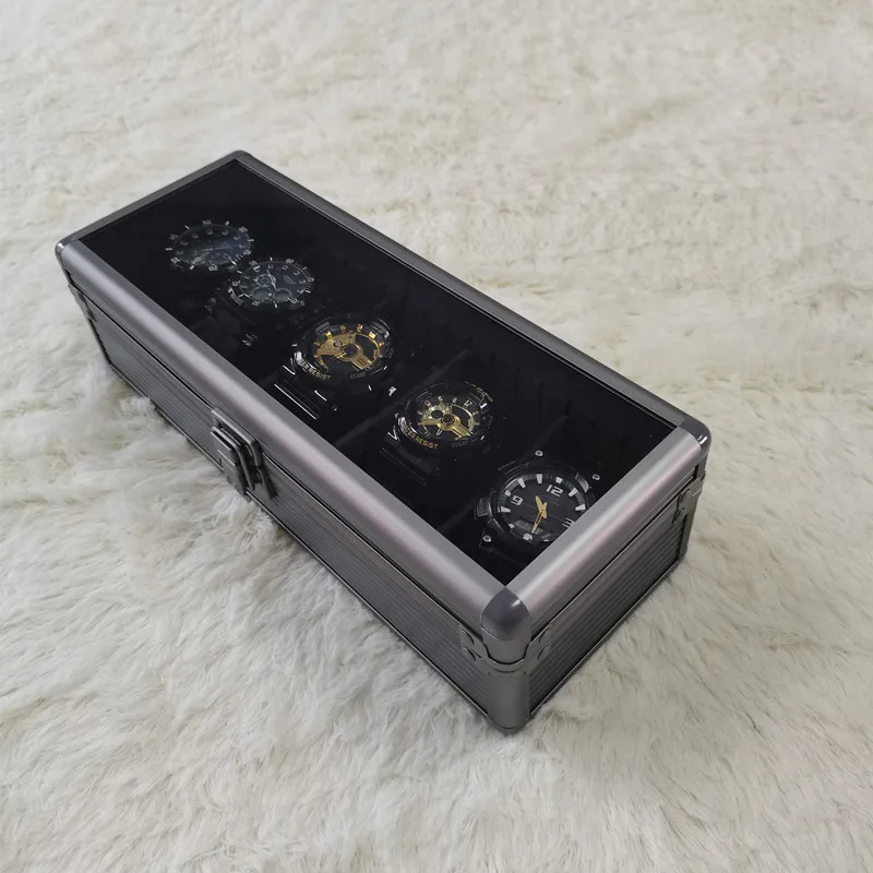 Watch Box Aluminium Alloy Watch Case with Lock Metal Fall Protection Material Portable Velvet Luxurious Watches Organizer 5 Seat