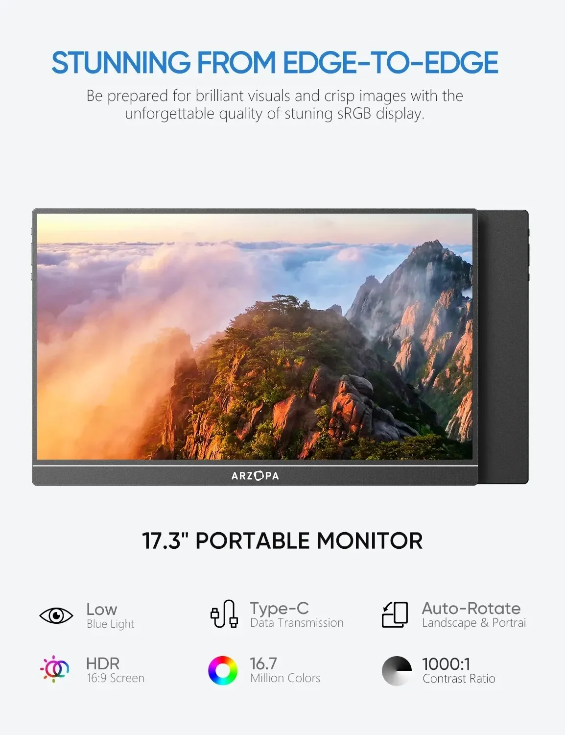 ARZOPA 17.3 ġ FHD ޴ , 1080p ܺ ÷, IPS ȭ, USB C HDMI ̹ , PC ޴  Xbox PS5 ġ