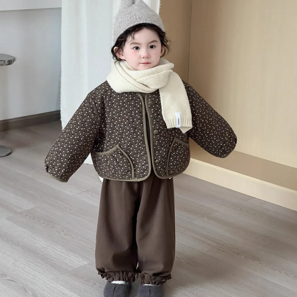 2025 겨울 신상 아동복 한국 스타일 여아 꽃무늬 누빔 면 의류 아동 패션 여아 얇은 면 재킷