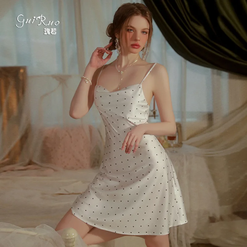

Sexy Pajamas Retro French White Color Black Dot Print Dress Sexy Women Sling Satin Finish Robe Nightgown
