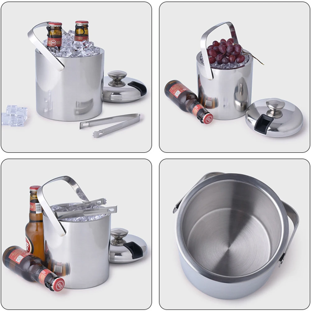 1.3/1.6L Double-layer Stainless Steel Ice Bucket Wine Beer Ice Cube Container with Tong Clip for Picnics Bar Party Supplies