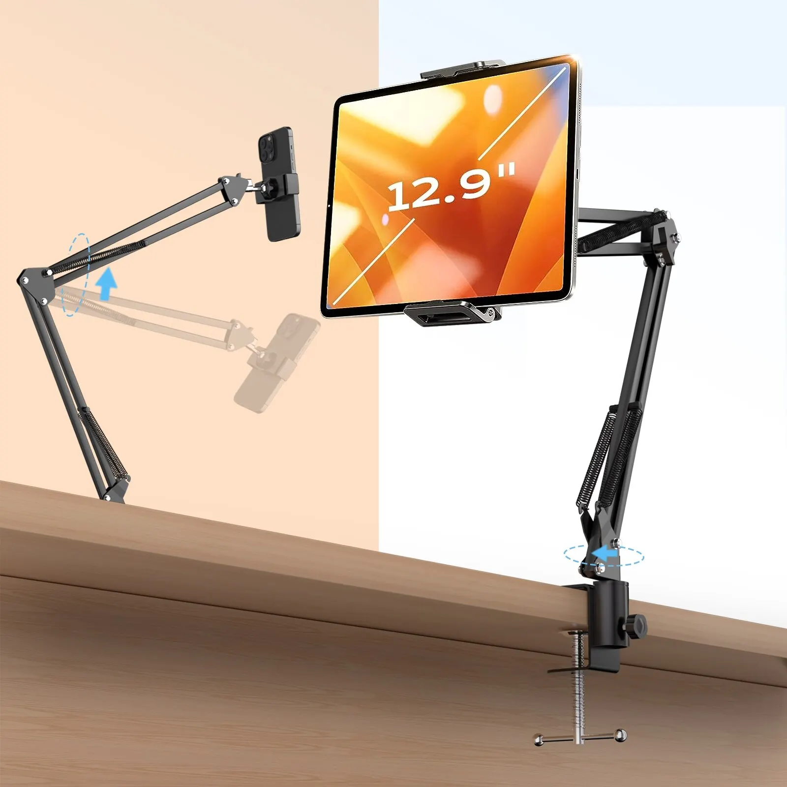 Support Flexible Pour Téléphone Et Tablette - Longueur 70 Cm, Rotatif 360°, Fixation Table/lit/canapé/voiture, Noir