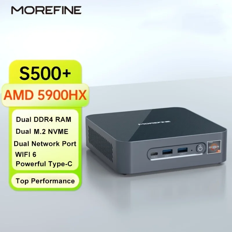 

MOREFINE S500 + R9 5900HX Мини ПК игровой 2 * LAN HD DP AMD Ryzen 5 5600H WIFI6 BT2.4G 4K DDR4 MVNE SSD портативный мини-ПК геймер Win 11