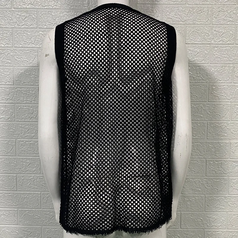 Men's Sleeveless Sweater 2023 Summer New Solid Color Round Neck Sleeveless Hollow Knit Vest