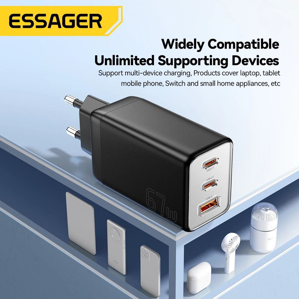 Essager 67W GaN USB Type C changer 65W Fast Charger For Huawei QC 4.0 PD 3.0 Xiaomi Laptops iPhone 15 14 Mobile Phone Charger