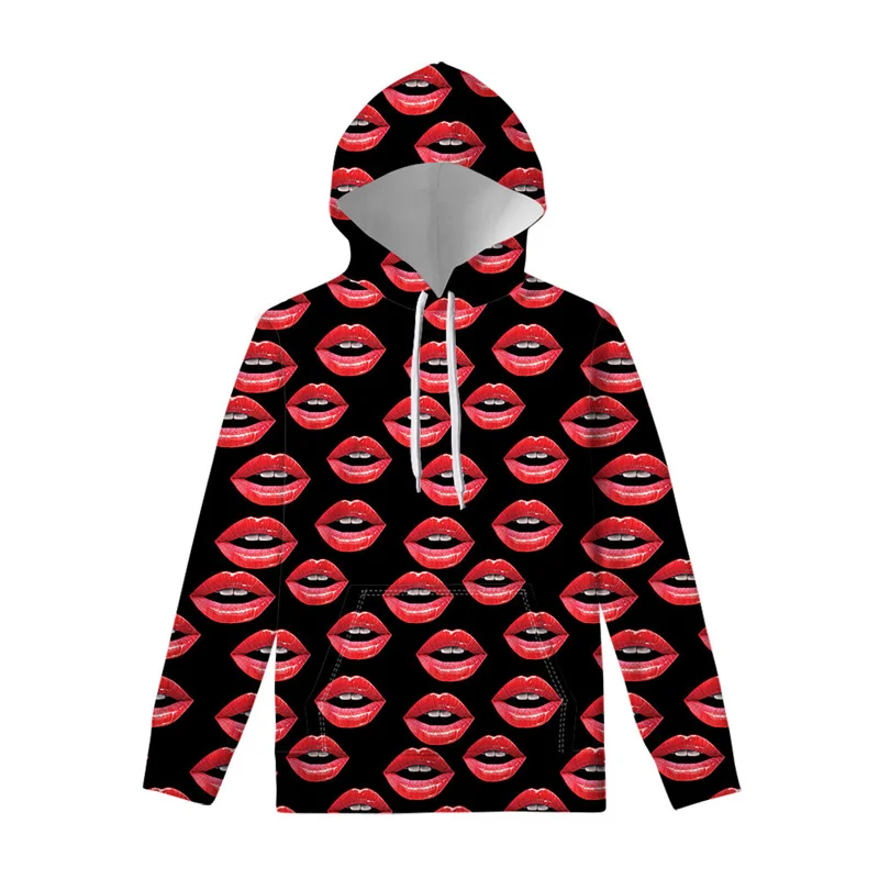 Sudadera con capucha con estampado 3D de labios rojos punk para hombre y mujer, ropa fresca para primavera y otoño, sudadera con capucha de manga larga, camisetas informales, jersey