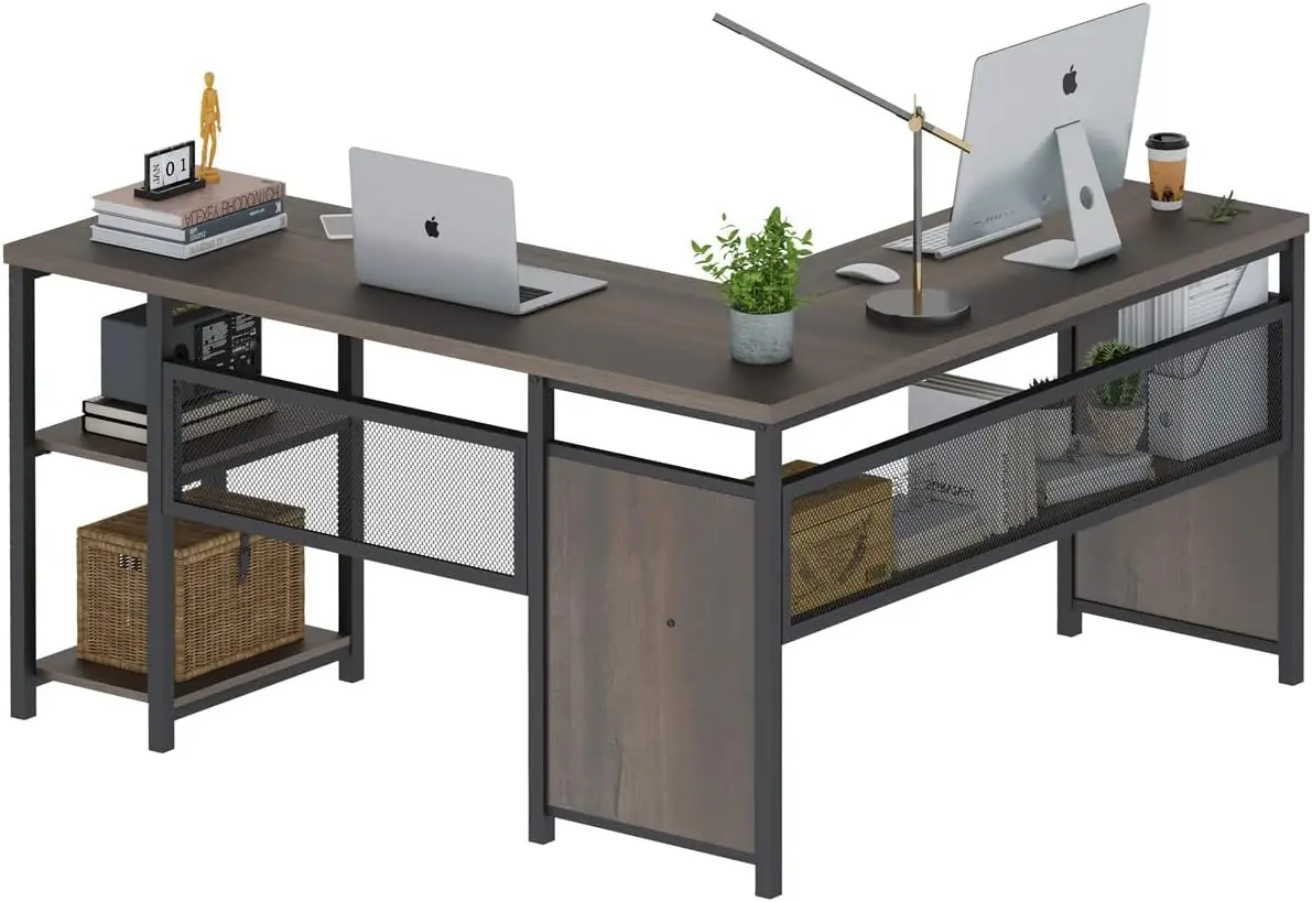 

Shaped Computer Desk, Industrial Home Office Desk with Shelves, Reversible Wood and Metal Corner Desk (Walnut Brown, 59 Inch)