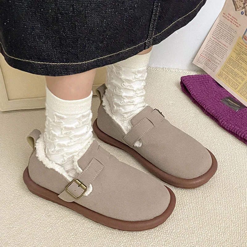 Women Shoes Thick Soled Cotton Board Shoes Autumn/Winter Plush Casual Sports Buckle Strap Round Toe Warm Women Shoes 24-118