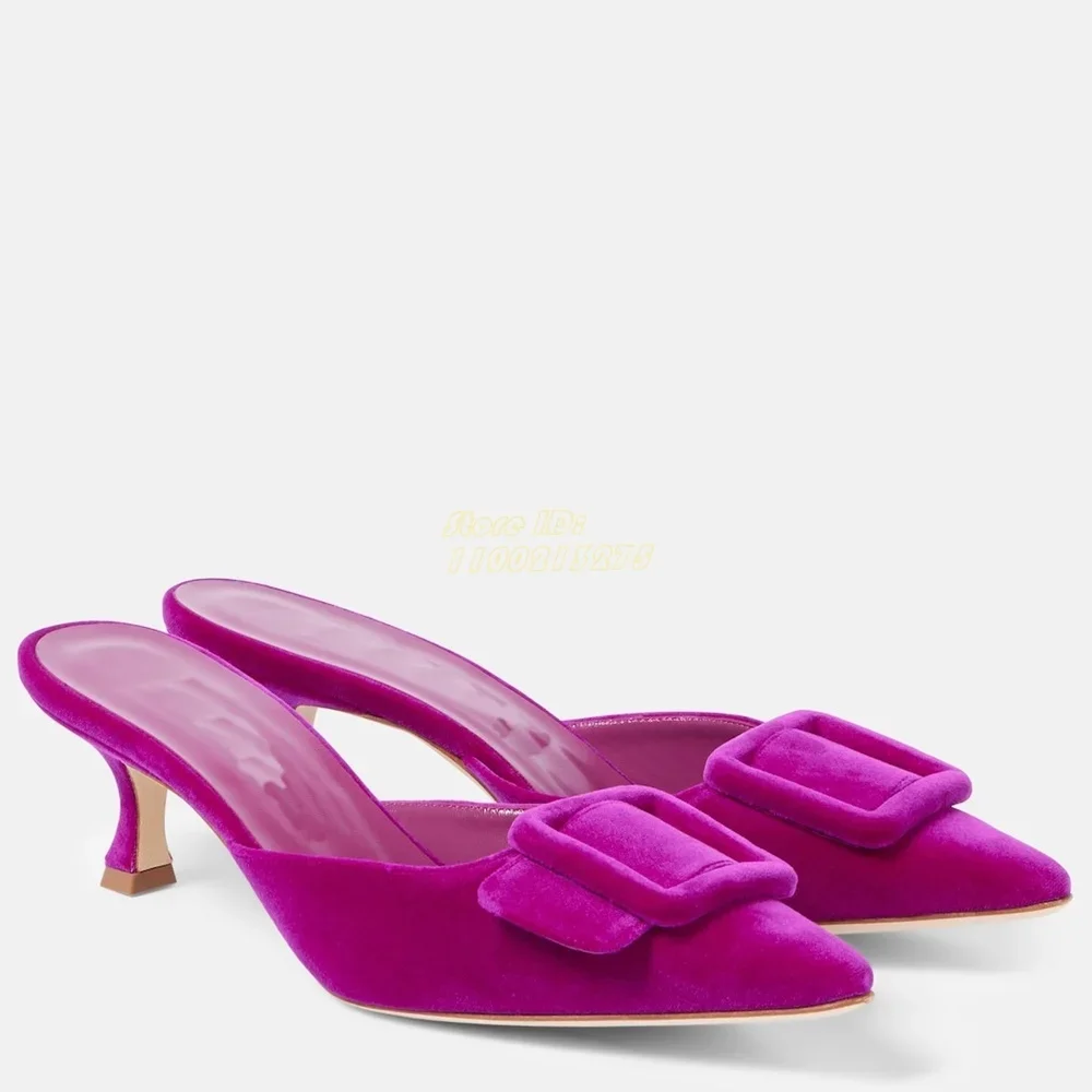 벨벳 뮬 스틸레토 얇은 하이힐 버클 장식 스틸레토 얇은 하이힐 활주로 2024 가을 봄 여성 드레스 슬라이드