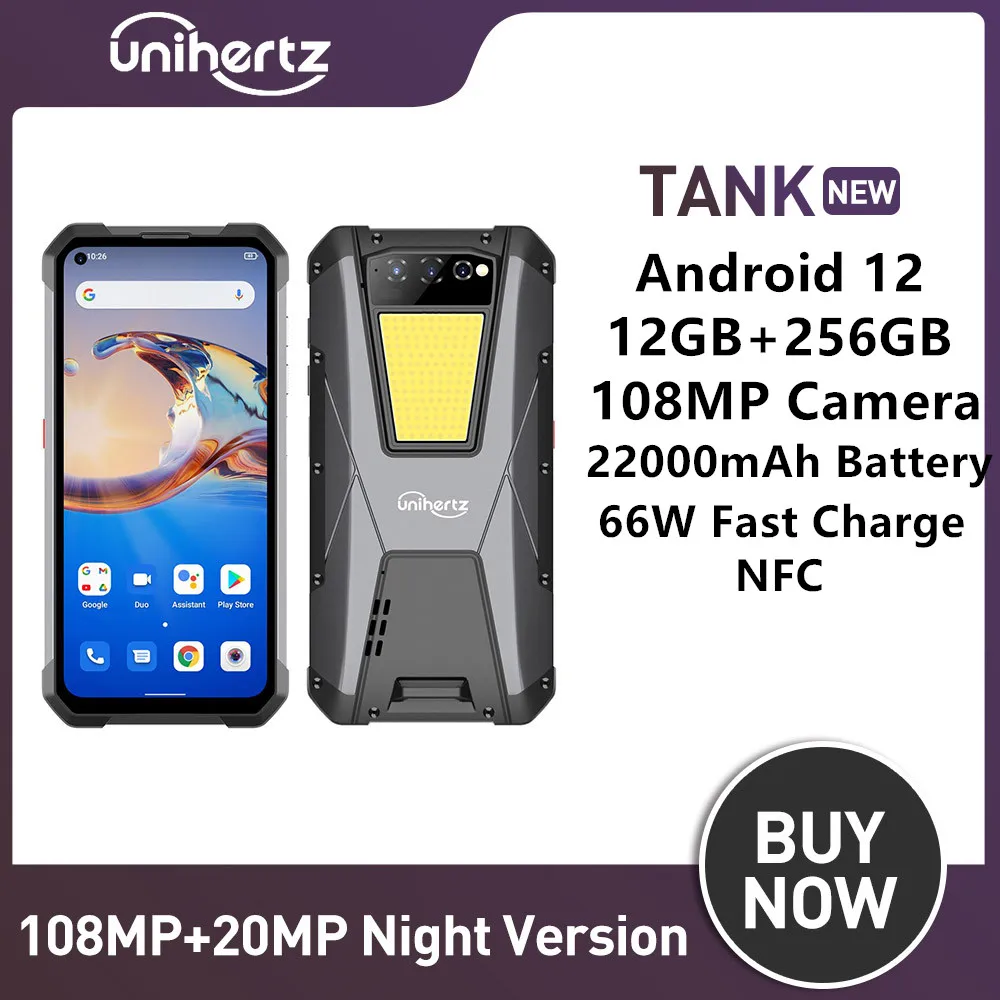 Unihertz Tank Smartphone Robusti Octa Core 12Gb + 256Gb 22000Mah 108Mp Fotocamera Visione Notturna Android 12 Telefono Cellulare Sbloccato Nfc