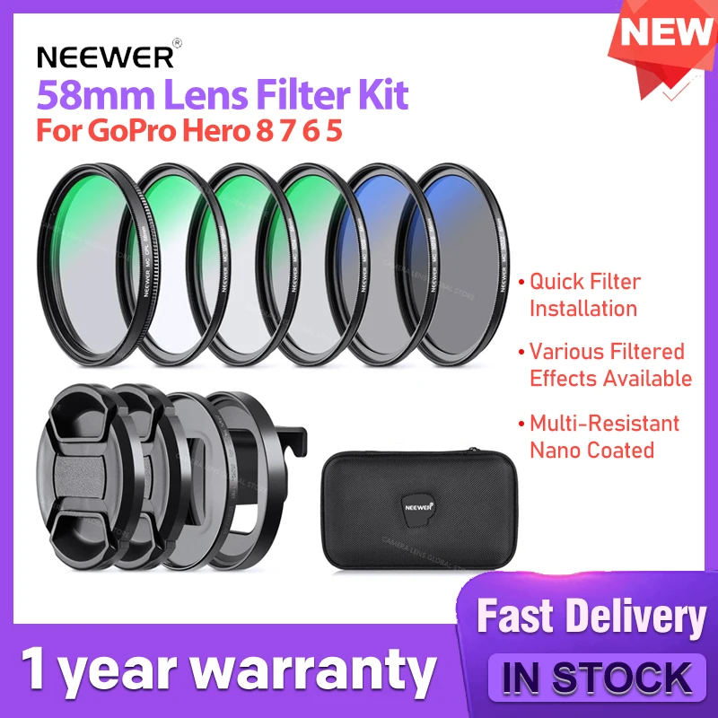 NEEWER 58mm Lens Filter Kit For GoPro Hero Quick Filter