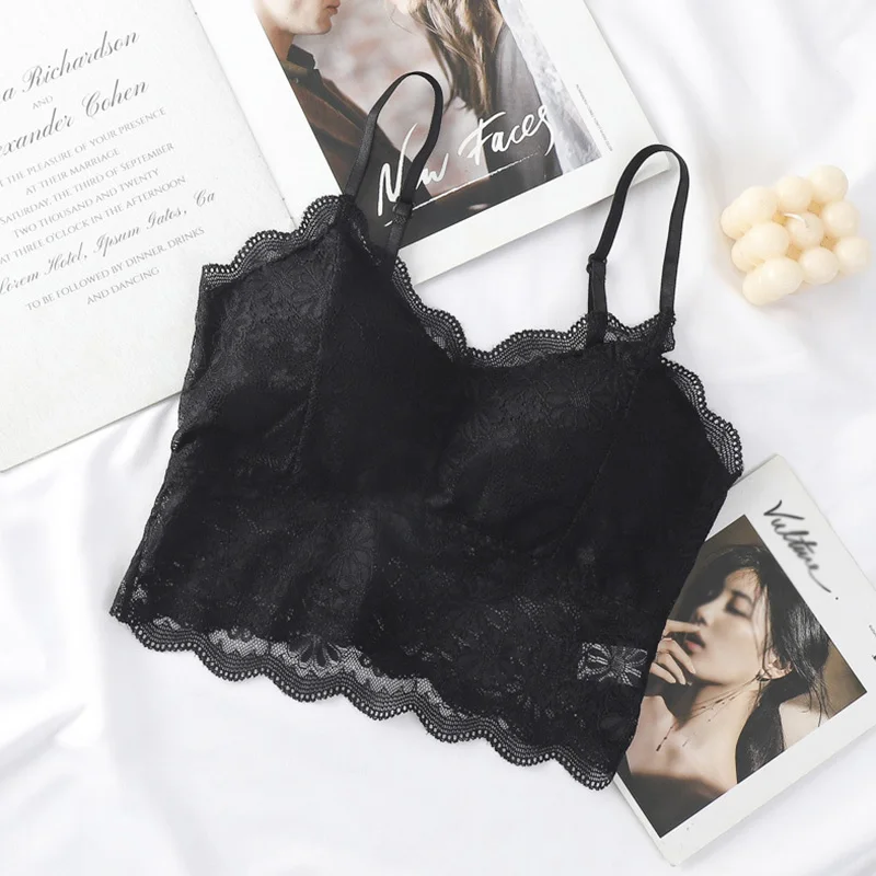 2021 Female Summer Crop Tank Top Women Fashion Deep V Lace Bras Embroidery Floral Tank Top Bra Wrapped Chest Camisole Padded Bra