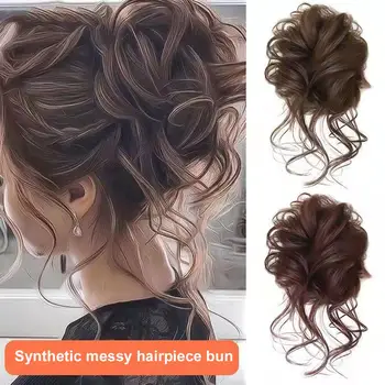 Parrucchino sintetico a coda di cavallo con chignon voluminoso pigro - Capelli finti corti ricci con estremità soffici naturali per aggiornamenti rapidi, panini disordinati