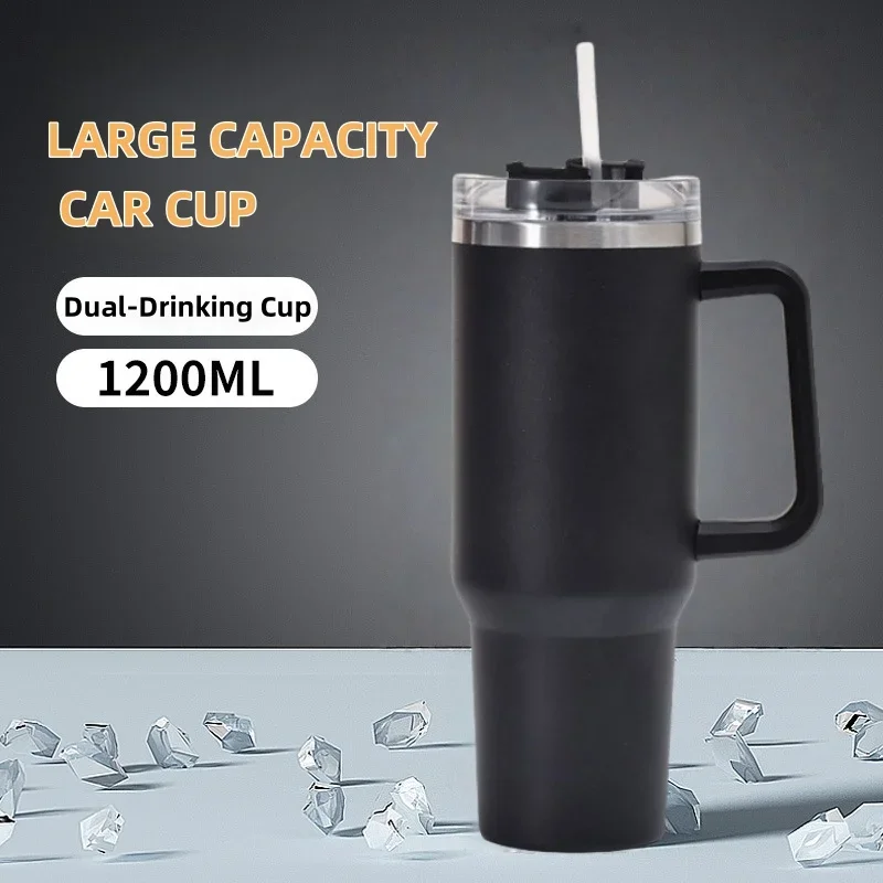 Stainless Steel Mug 304 40oz Insulated Car Cup with Handle Portable Ice Master Straw Cup Leak-Proof Food-Grade