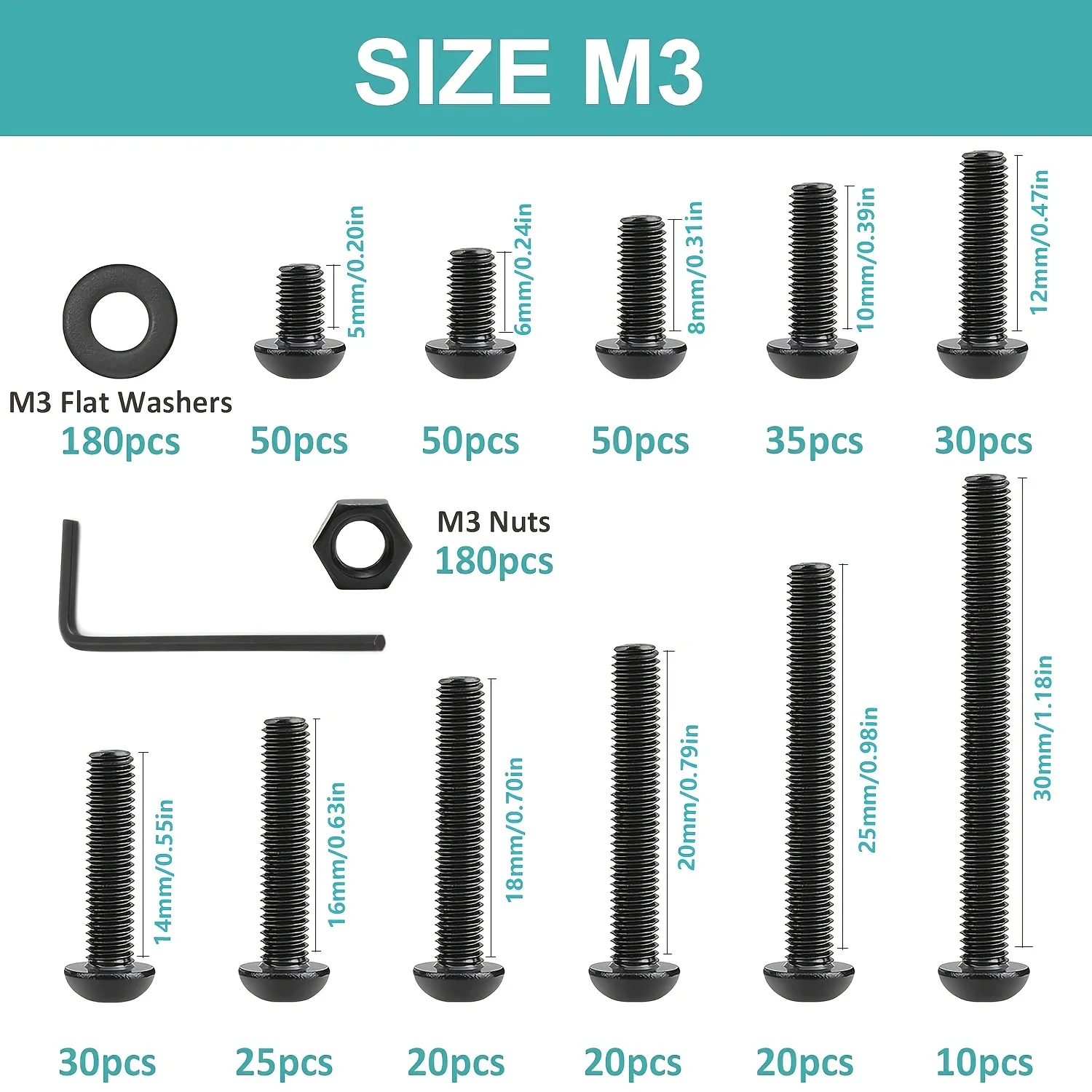 700PCS M3 x 5/6/8/10/12/14/16/18/20/25/30mm Button Hex Head Cap Screws M3 Metric Machine Screws Bolts Nuts Washer