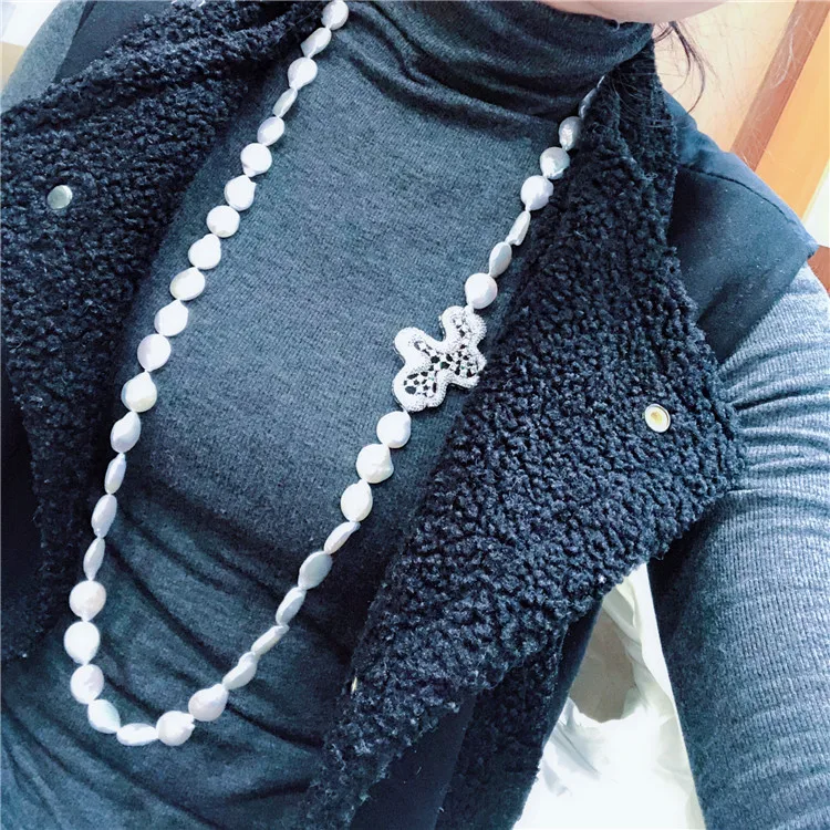 Hand knotted natural 11-12mm white button shaped pearl micro inlay zircon necklace fashion jewelry