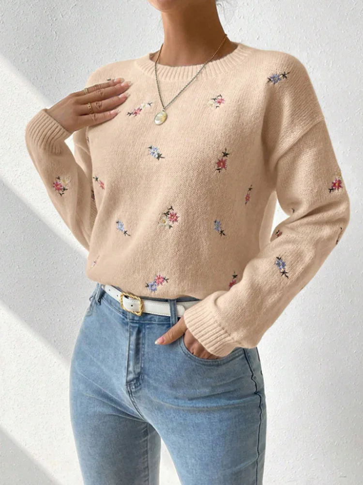 2025 Women Embroidery Floral Sweaters Fashion O-Neck Pullovers Long Sleeve Loose Knitted Jumpers Fashion Splice Warm Sweaters
