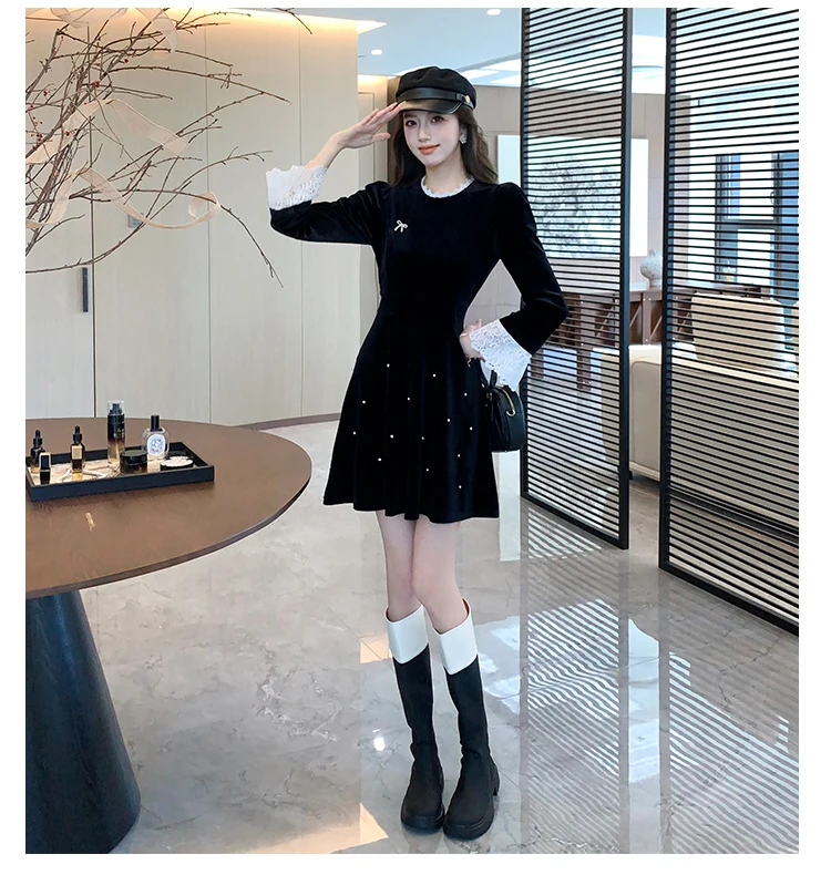 Woman Spring Summer New Elegant Velvet Mini A-line Dresses Long Sleeve Party Fashion One Piece Robe