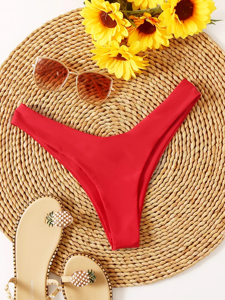 Bikini Bottoms Women's 2024 New Swimsuit High Waisted Bottom Solid Red Swimwear Thong Beachwear Brazilian Bathing Suit Summer