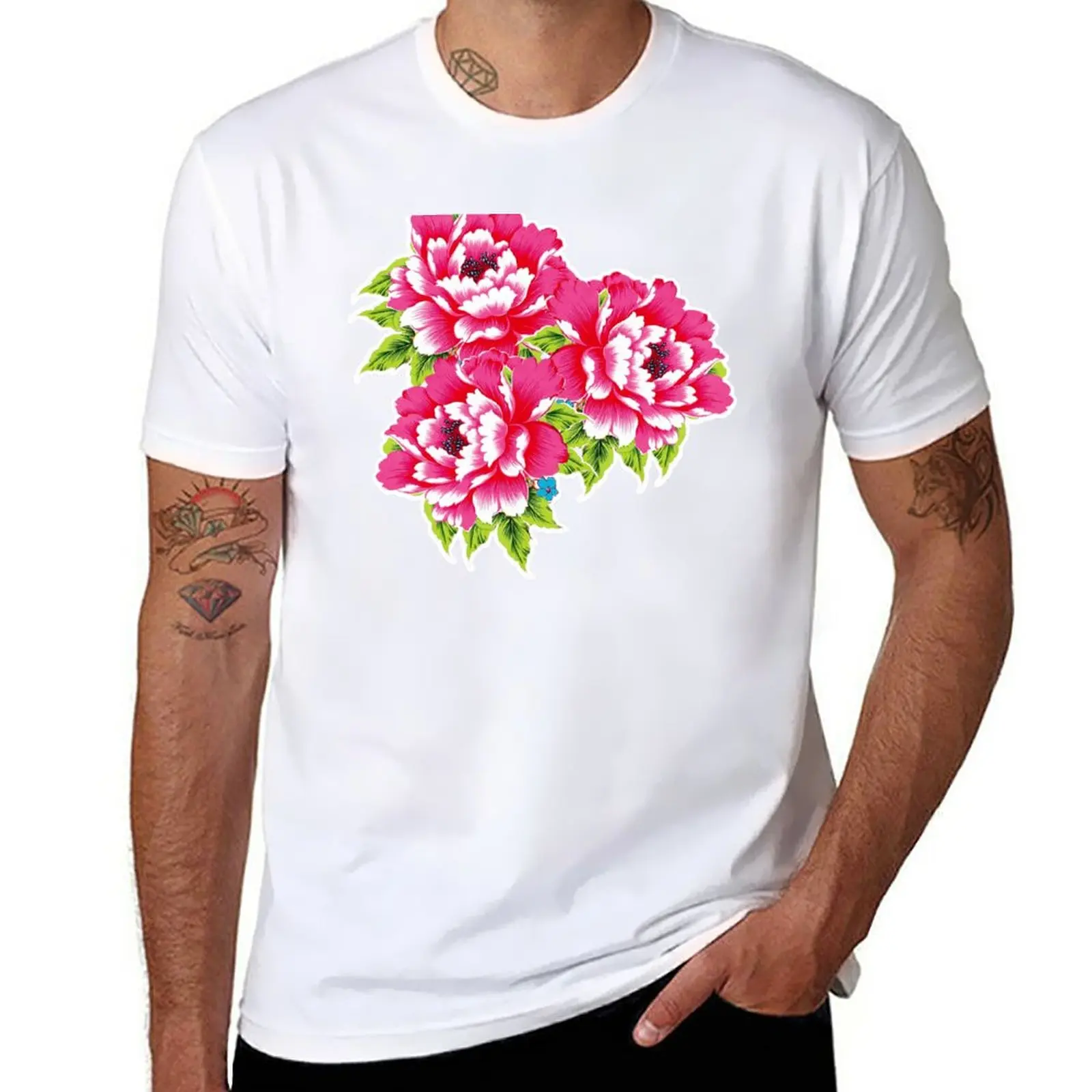 

New Red peony T-Shirt heavyweight t shirts oversized t shirt Aesthetic clothing vintage clothes Men's t shirts