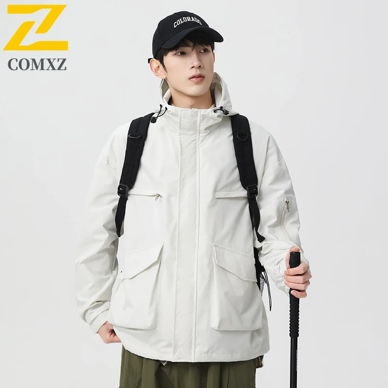 EiAO Jacket Japanese Style Couple's Hooded Red Waterproof Windbreaker Multi-Pocket Techwear Coat for Hiking Camping Fishing 2025