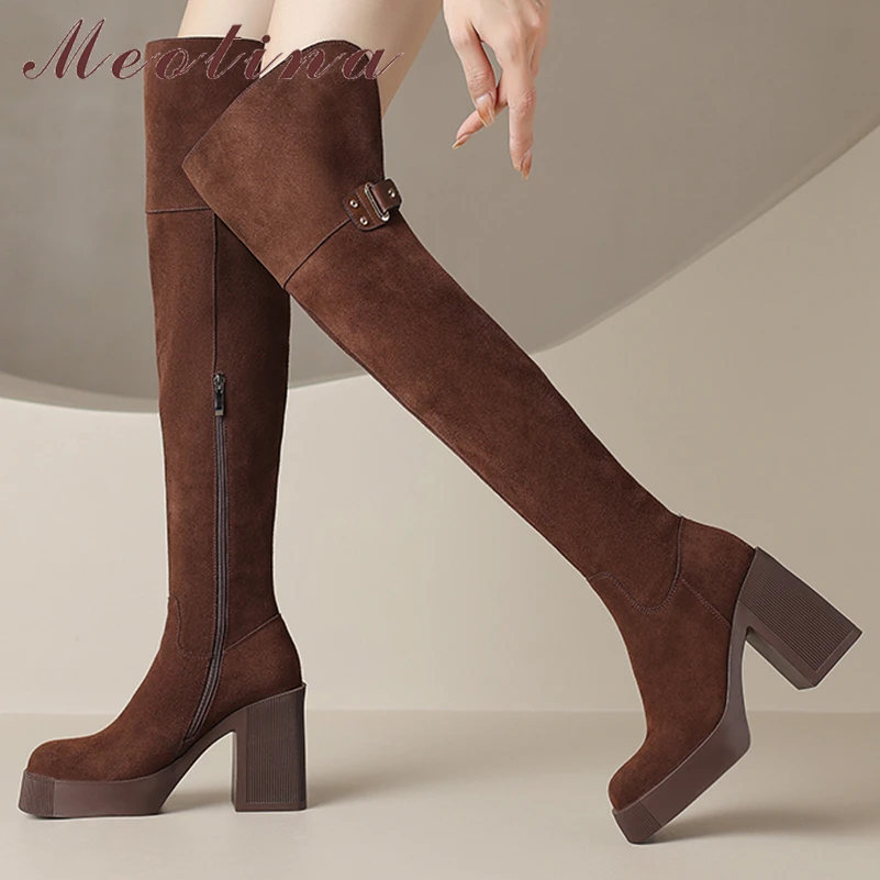 

Женские сапоги выше колена Meotina, зимние сапоги из натуральной кожи на платформе и толстом высоком каблуке, с круглым носком, на молнии