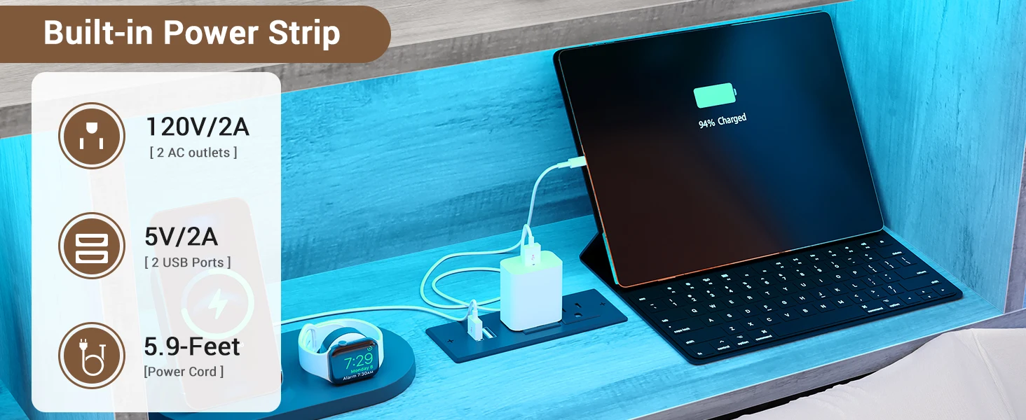 corner bed frame full size with LED lights and charging station