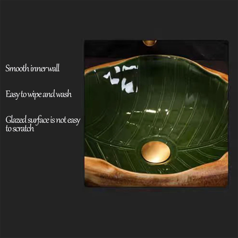 JIENI Art Ceramic Bathroom Sink Set Leaf Style Washbasin W/ Waterfall Antique Brass Faucet Pop Up Drain High End Porcelain Sinks