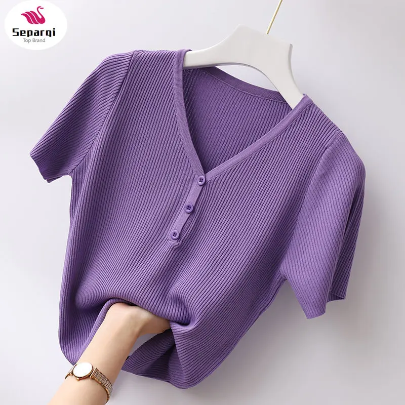 

Casual Knitted Short Sleeve T-shirt For Women's Summer Outer Bottoming Tops 2024 New V-neck Solid Button Slim Knit Sweater Tees