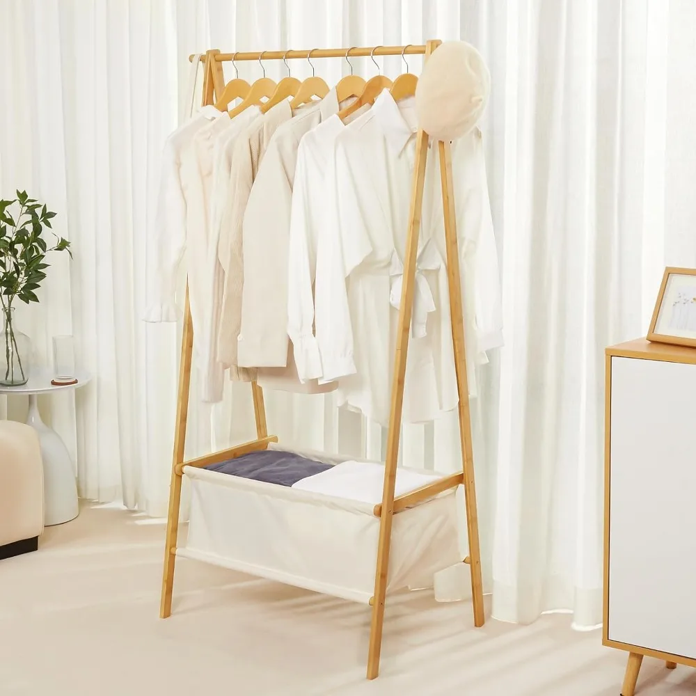 Bamboo Clothes Rack with Storage Box, Garment Rack Clothing Racks for Hanging Clothes, Foldable Wardrobe Storage Rack