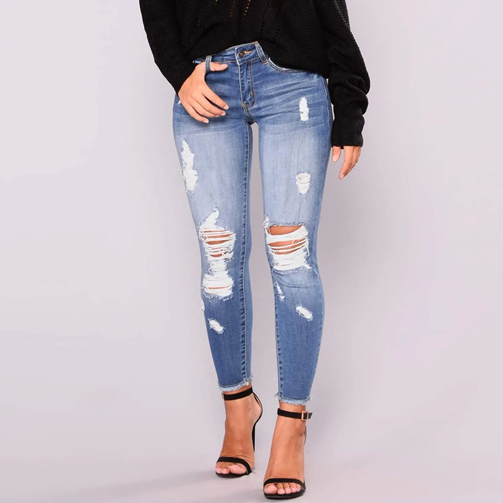 

Woman Slim Skinny Elastic Denim Trousers High Waist Stretchy Ripped Hole Jeans Butt Lifting Distressed Pants With Pockets