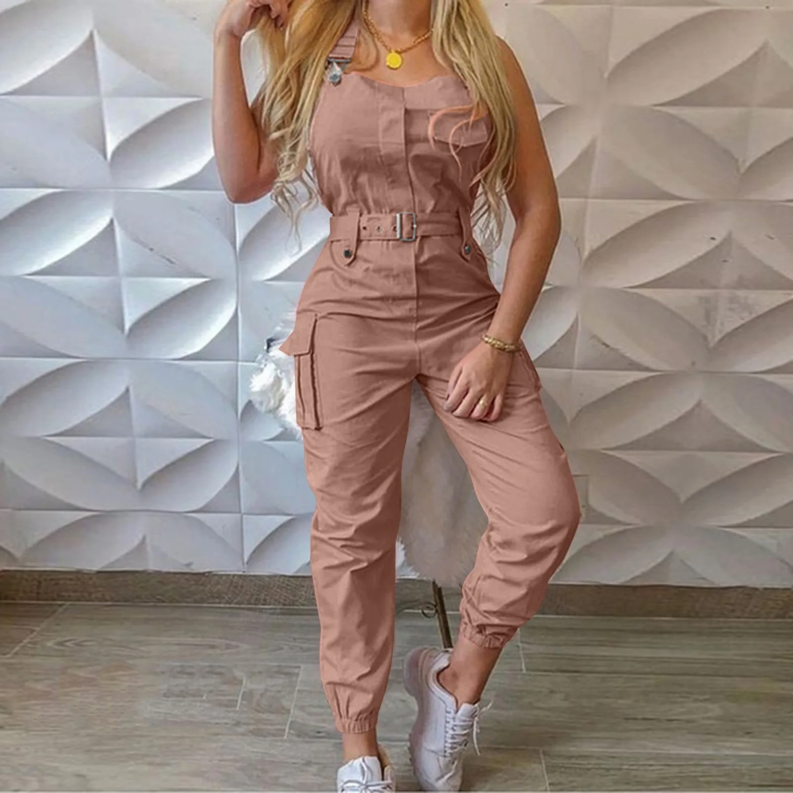 2023 Autumn Ladies Workwear Jumpsuit Belt Sleeveless Overalls Solid Color Romper Jumpsuits Overalls