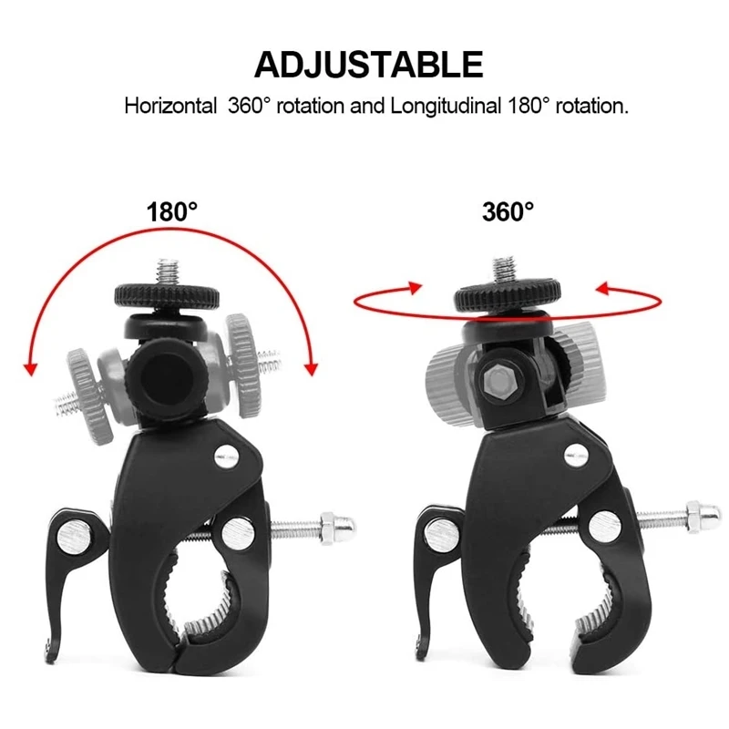 Support guidon vélo universel 360° rotatif 1/4 installé sur un guidon, prêt à accueillir une GoPro pour une fixation caméra action stable.