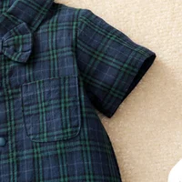 Newborn Baby Boy Jumpsuit Short Sleeves Plaid Gentleman Romper with Bow Tie Summer Fashion One Piece for Toddler 0-18Months 3