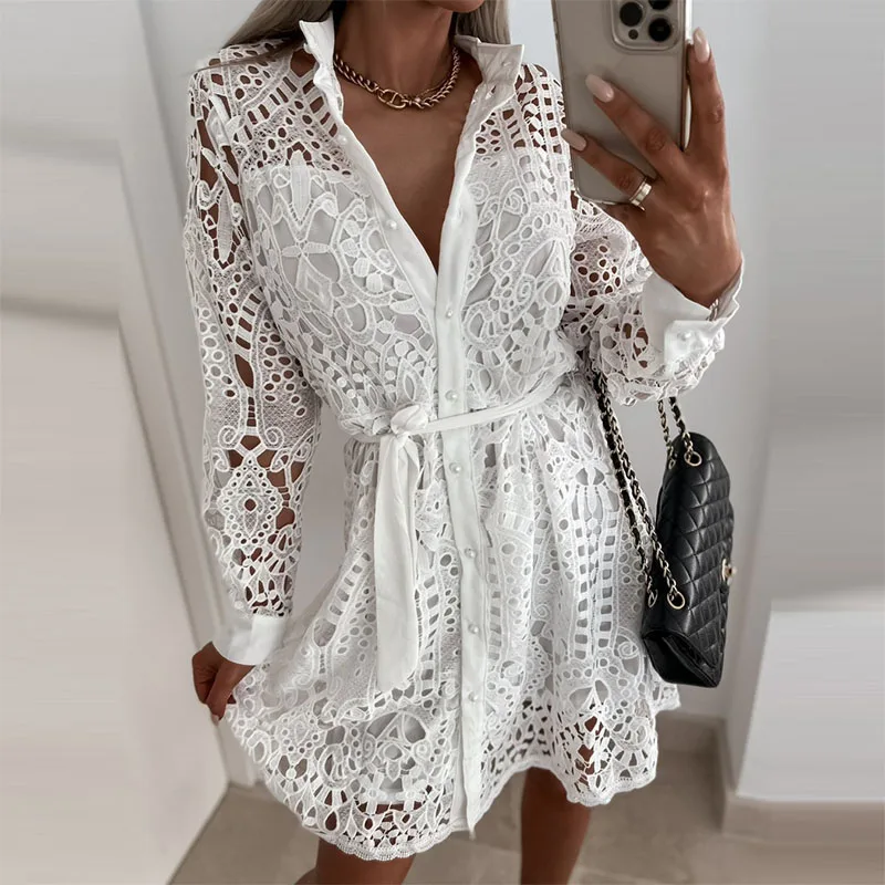 Sexy Women Lace Hollow Out Shirt Dress of Femmer Turn-down Collar Soid Party Dress Vintage Office Lady Ruffle Beach Dresses Robe purple dress