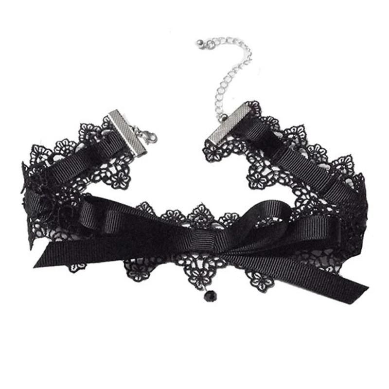 Black Lace Bow-Knot Choker Necklace Vintage Soft Lace Neck Cahin Ribbon ...