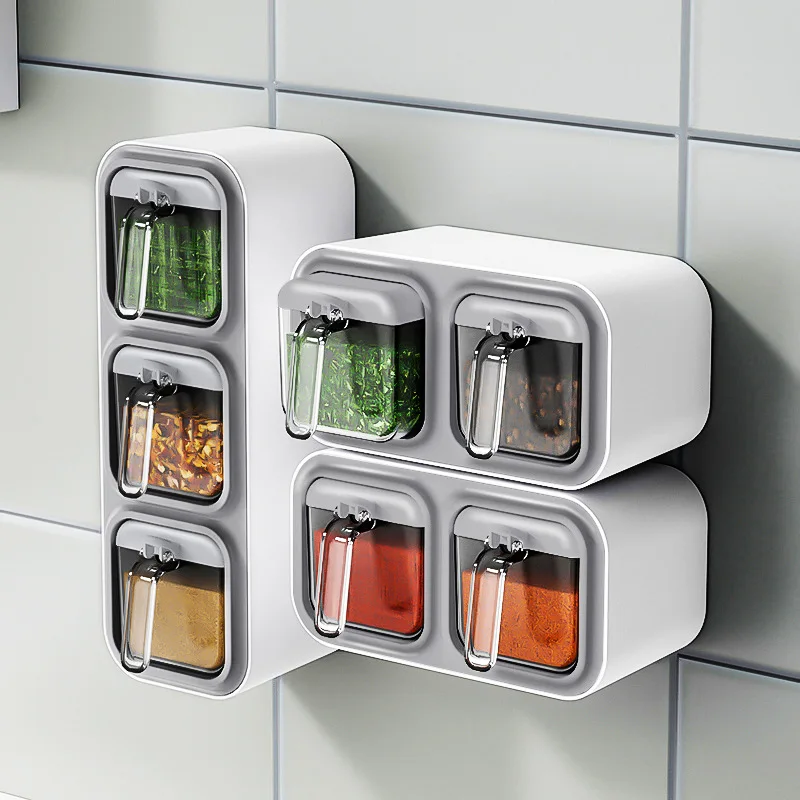 Wall Mount Spice Rack Organizer Sugar Bowl Salt Shaker Seasoning Container Kitchen Supplies Storage Set Spice Boxes_voghion.com