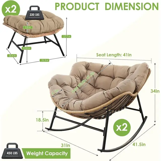 Oversized Double Rocking Egg Chair Set with Cushions, Outdoor-Friendly Wicker Relaxation Chairs, Heavy-Duty 450 lbs Cap