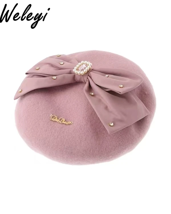 

Sweet Japanese Jirai Kei Berets Princess 2024 Autumn and Winter New Cute Caps Women's Versatile Bow Fleece Vintage Painter Hat