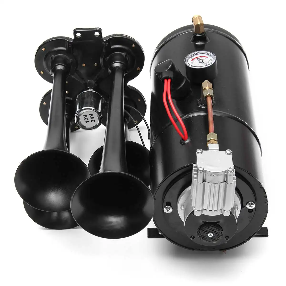 

Truck Train Quad 4 Trumpet Air Horn Kit Black 170 PSI 12V 3Liters Compressor & House 150db