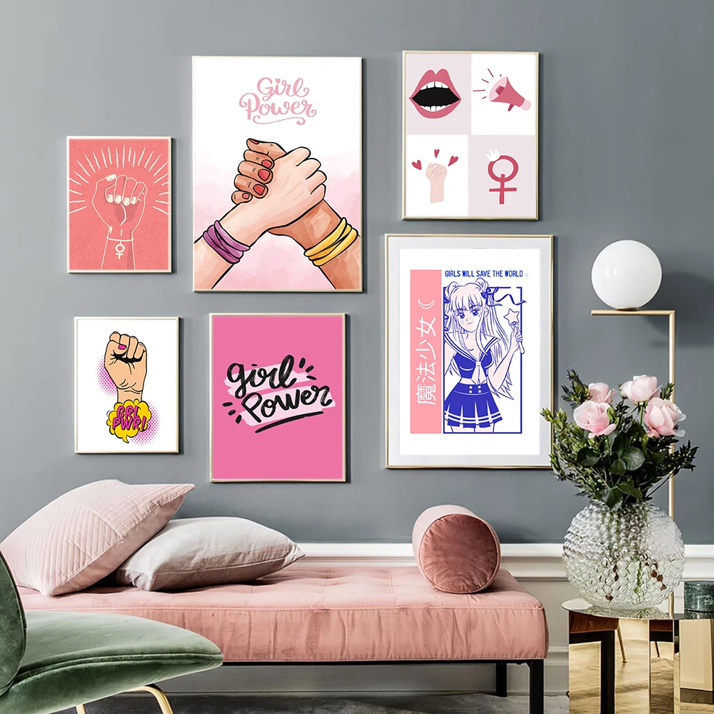 

Nordic Girl Power Pink Posters and Prints Modern Abstract Woman Fist Canvas Painting Color Wall Art Pictures Bed Room Decor