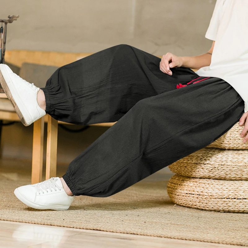 2024 Summer New Chinese Style Men's Breathable Cotton Linen Casual Pants Men's Loose Drawstring Harem Pants Lantern Pants
