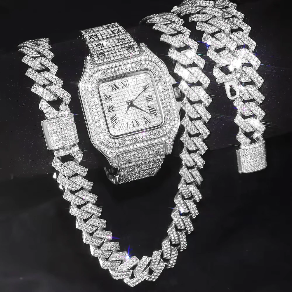 3pcs Men's Watch Set Hip-hop Punk Inlay Diamond Square Watch+Cuban Chain+Bracelet Comes With Strap Adjuster Stylish Jewelry Gift 2