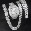 3pcs Men's Watch Set Hip-hop Punk Inlay Diamond Square Watch+Cuban Chain+Bracelet Comes With Strap Adjuster Stylish Jewelry Gift 2