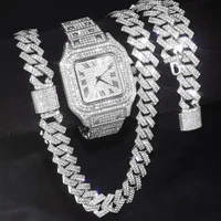 3pcs Men's Watch Set Hip-hop Punk Inlay Diamond Square Watch+Cuban Chain+Bracelet Comes With Strap Adjuster Stylish Jewelry Gift 2